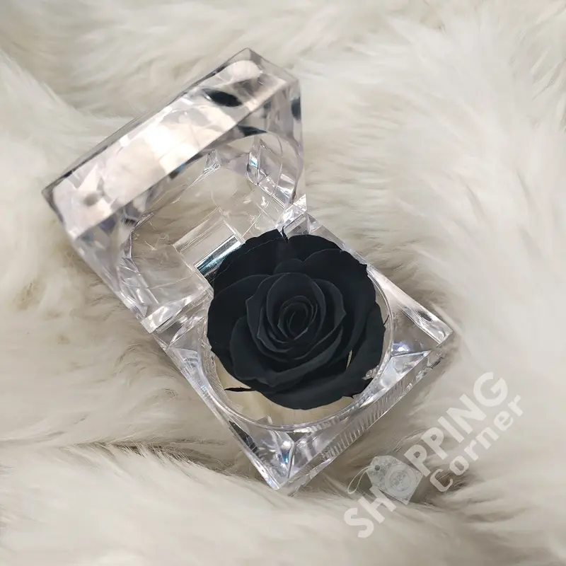 Eternal Preserved Black Rose Flower In Acrylic Crystal Ring Box